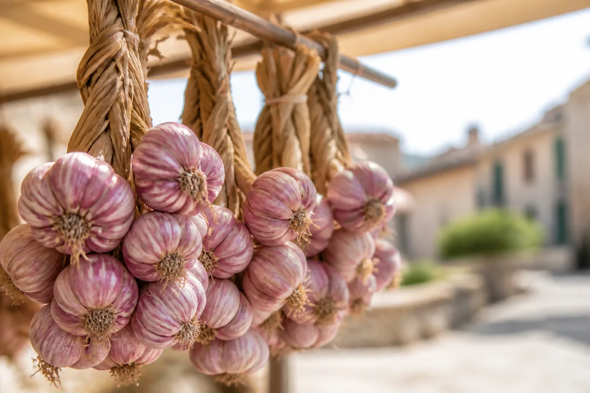 Tresses d’ail rose suspendues sur un étal de marché en plein air