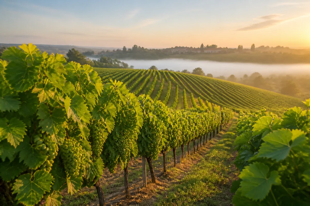 Rangs de vigne au petit matin dans un vignoble vallonné du sud-ouest