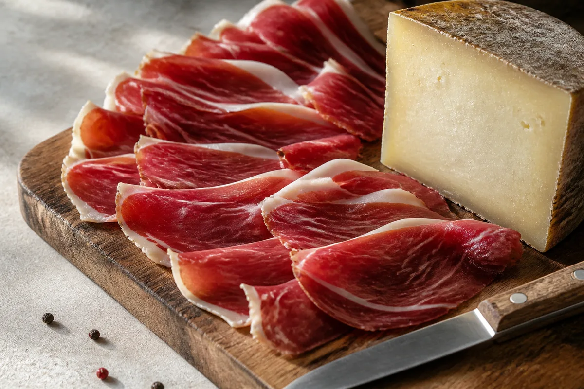Planche de bois avec tranches de jambon sec et morceau de fromage de brebis