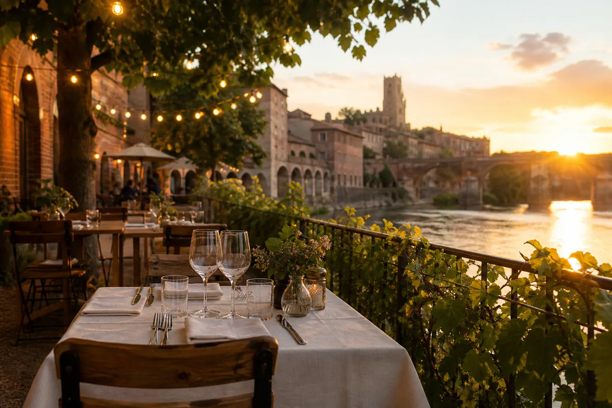 Terrasse en bord de rivière avec guirlandes lumineuses et tables en bois au coucher du soleil