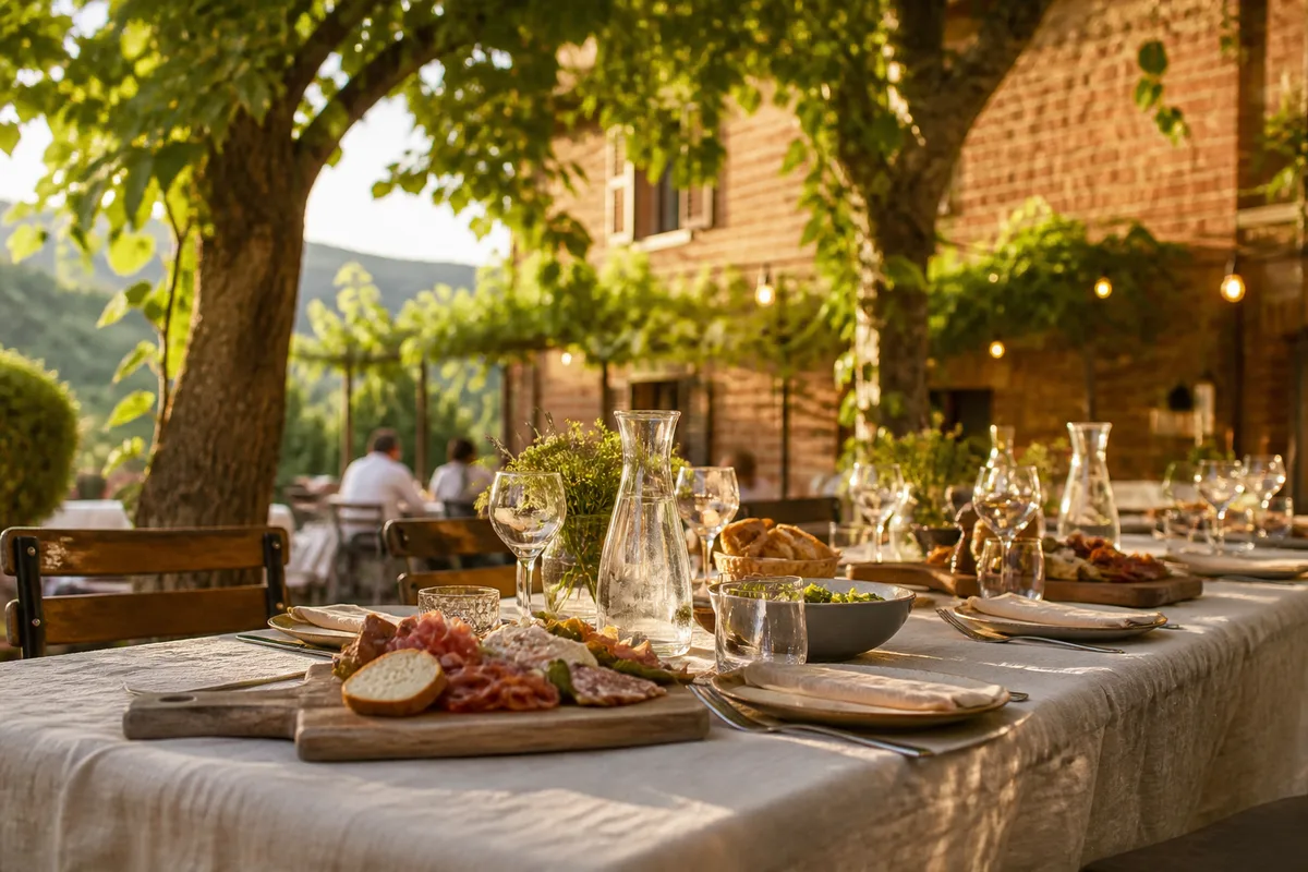 Grande tablée conviviale sous les arbres avec planches à partager et carafes d’eau