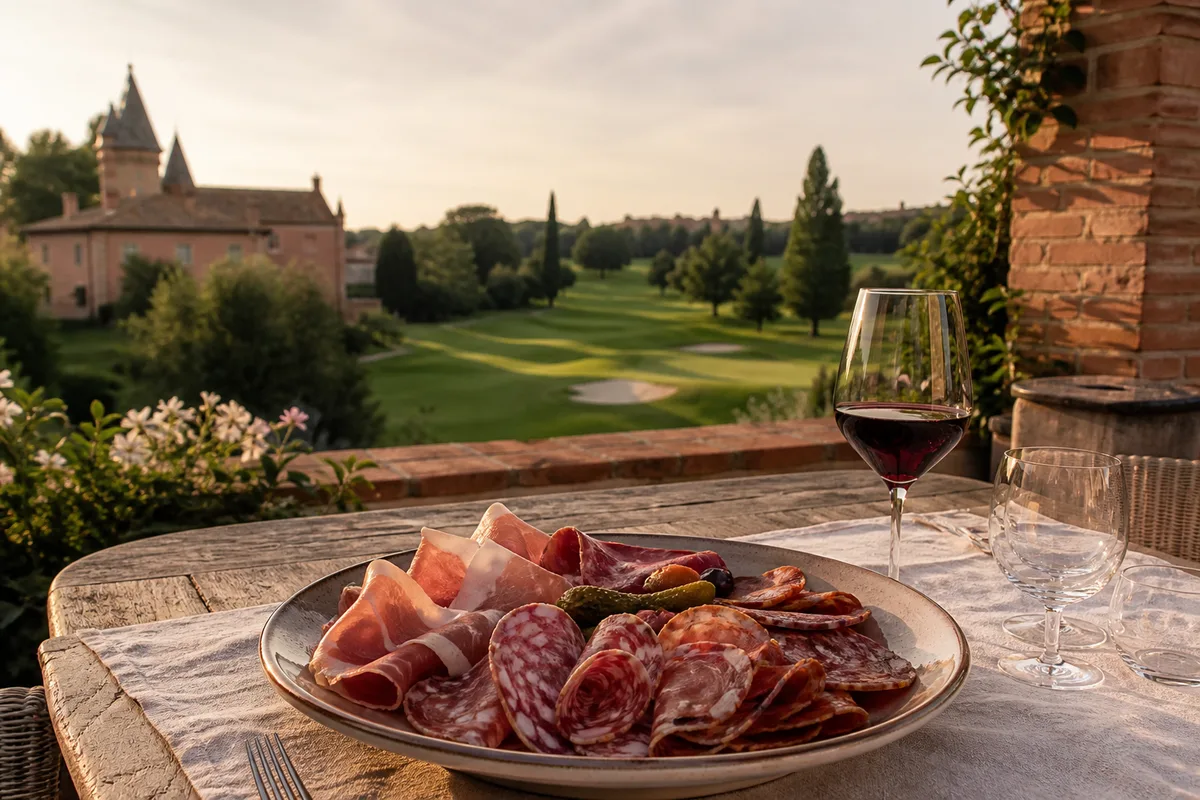 Assiette de charcuterie et verre de vin sur une table en bois face à un parcours de golf