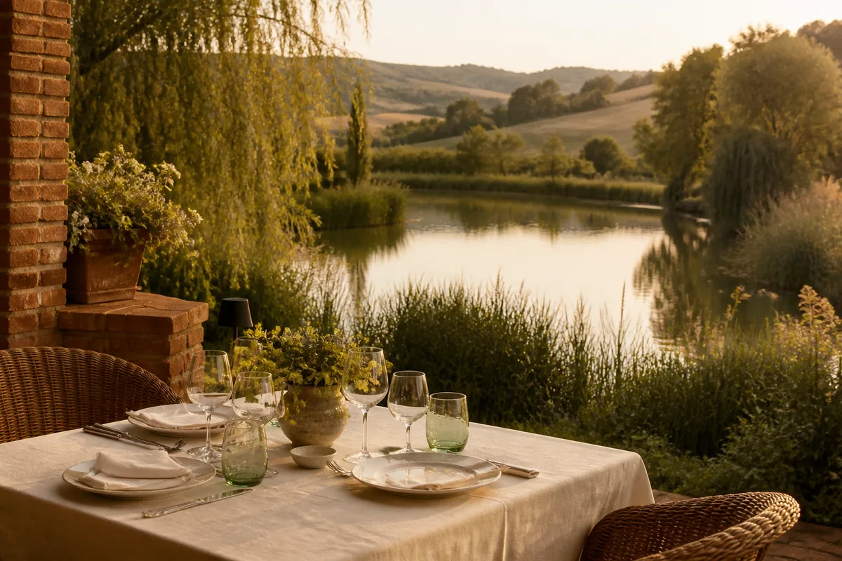 Étang bordé de roseaux et de saules dans la campagne vallonnée du Tarn