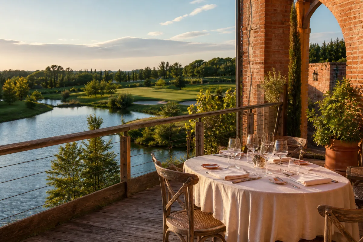 Terrasse en bois surplombant un plan d’eau avec vue sur un parcours de golf