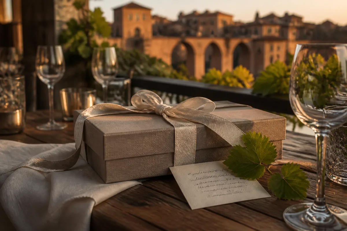 Coffret cadeau gourmand posé sur une table en bois avec un ruban et une carte manuscrite