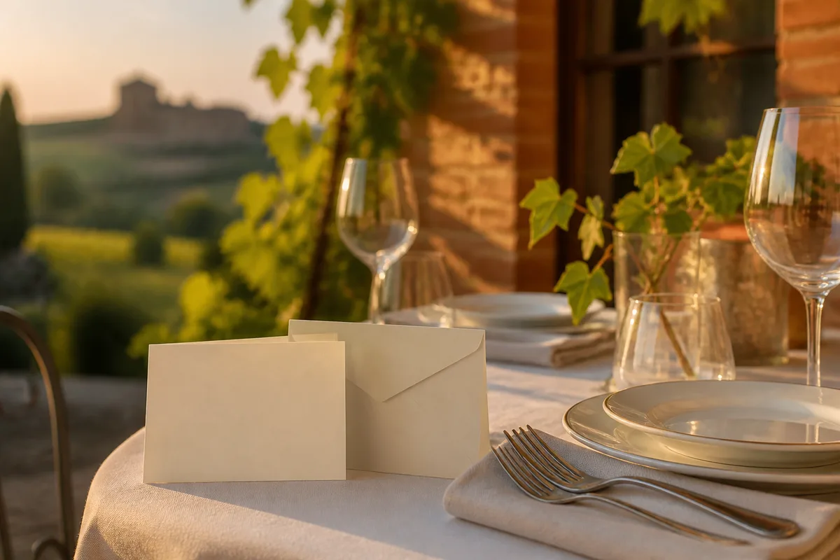 Carte cadeau et enveloppe posées près d’un couvert dressé sur une nappe blanche
