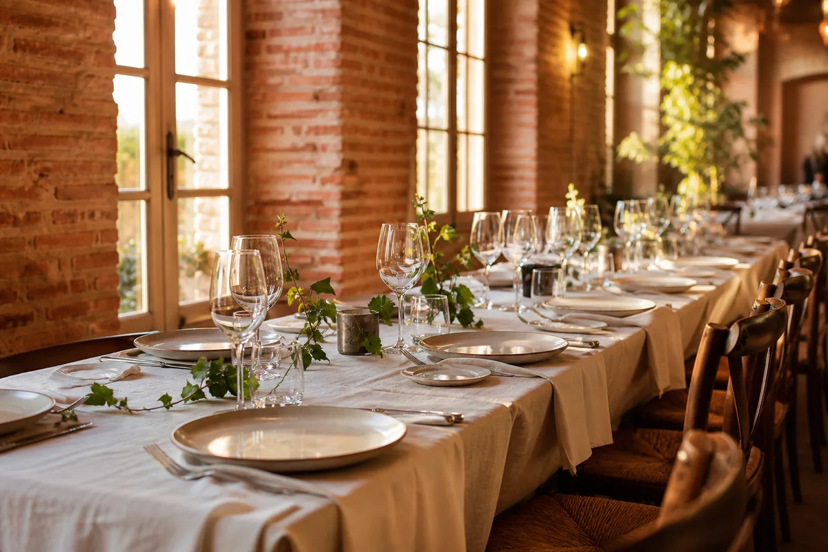 Longue table dressée pour un repas de groupe dans une salle de restaurant lumineuse
