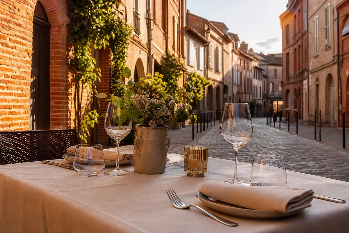 Ruelle pavée du centre historique d’Albi bordée de maisons en brique rouge