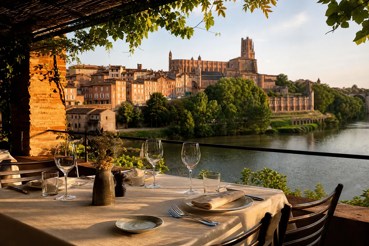 Terrasse ombragée d’un restaurant avec vue sur le Tarn et les toits de brique