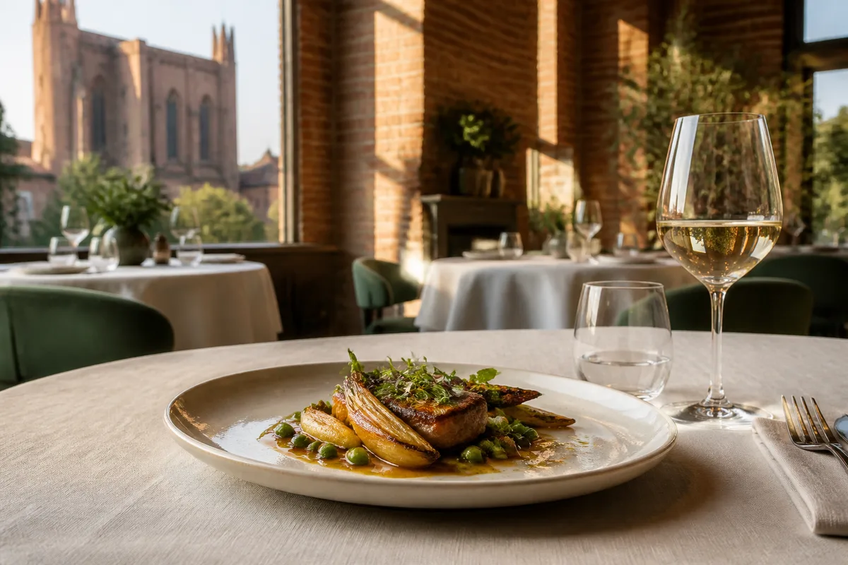 Assiette dressée avec précision sur une nappe claire dans une salle de restaurant élégante