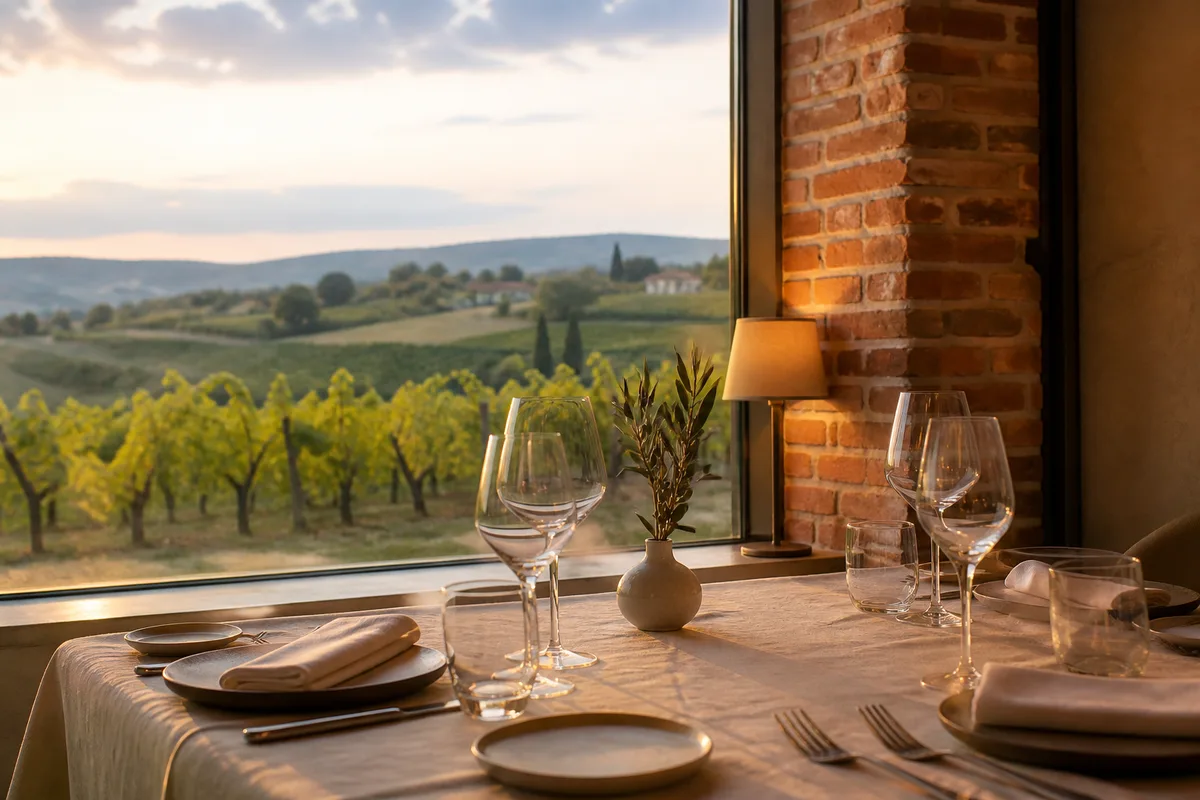 Table dressée près d’une fenêtre avec vue sur les vignes du vignoble de Gaillac